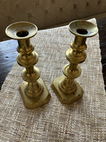 Antique Pair of 19th c. Brass Push Up Candlesticks 9" tall