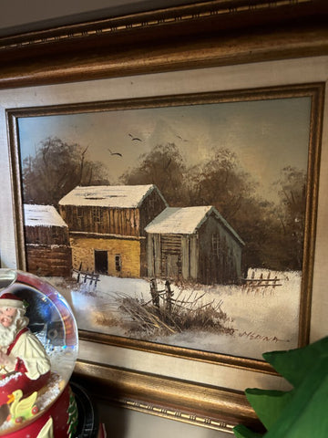 Oil Winterscape Vintage Barn Art 16in