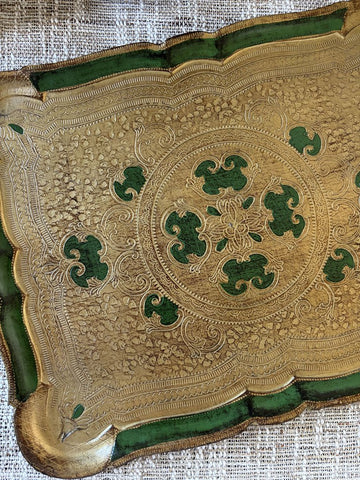 Vintage Italian Green and Gold Florentine Tray 18 x 14.5