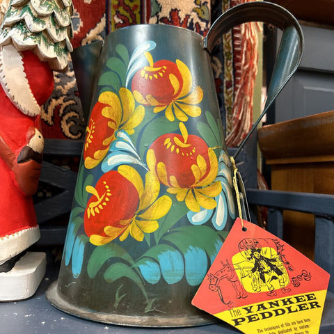 Vintage Blue Tin Rosemaling Folk Painted Decorative Pitcher