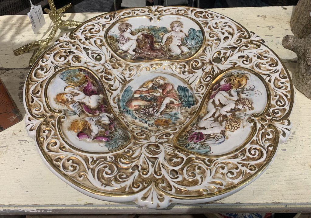 Vintage Keramos R. Capodimonte Cherub Bowl~ made in Italy~ 13.5"