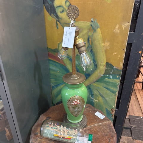 Vintage green handpainted pottery lamp
