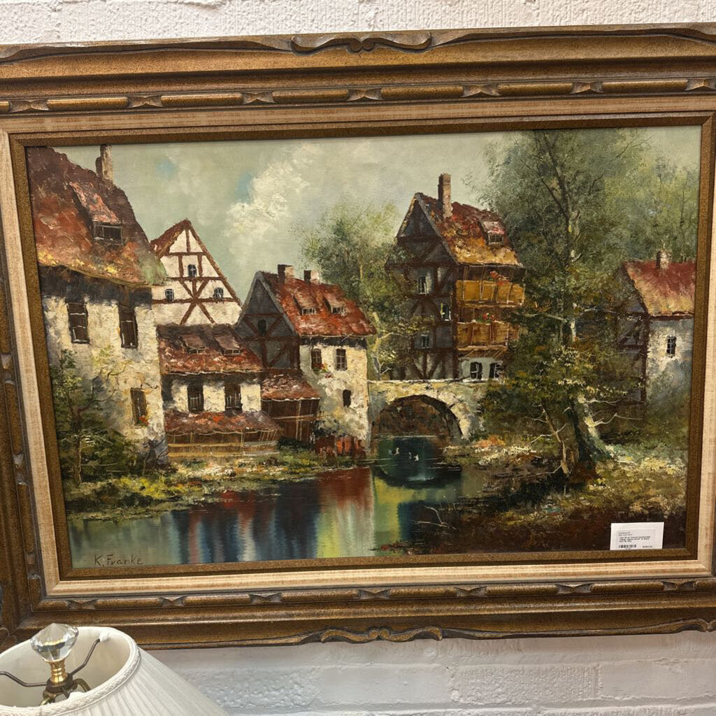 Vint Oil on Canvas Countryside Village ,signed 45x33" In Store Pick Up Only