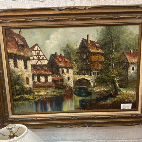 Vint Oil on Canvas Countryside Village ,signed 45x33" In Store Pick Up Only