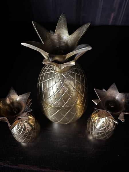 Set of 3 Vtg Brass Pineapple Lidded Trinket Boxes (as found)