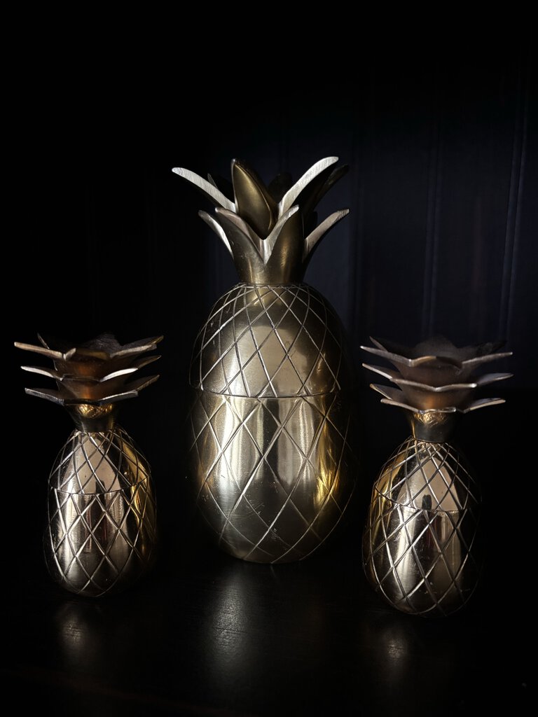 Set of 3 Vtg Brass Pineapple Lidded Trinket Boxes (as found)