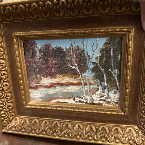 Framed Vintage landscape/river painting 10 1/2 in x 9 as is signed