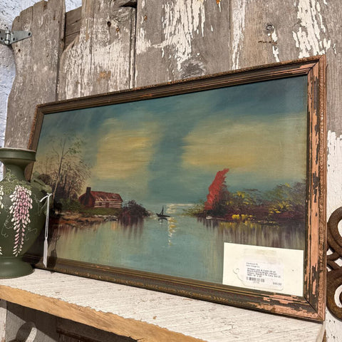 Antique Lake & Cabin Oil on Board Painting Bright Vibrant Colors~ Signed H W Cary Oct 21, 1945~ 15" x 26"