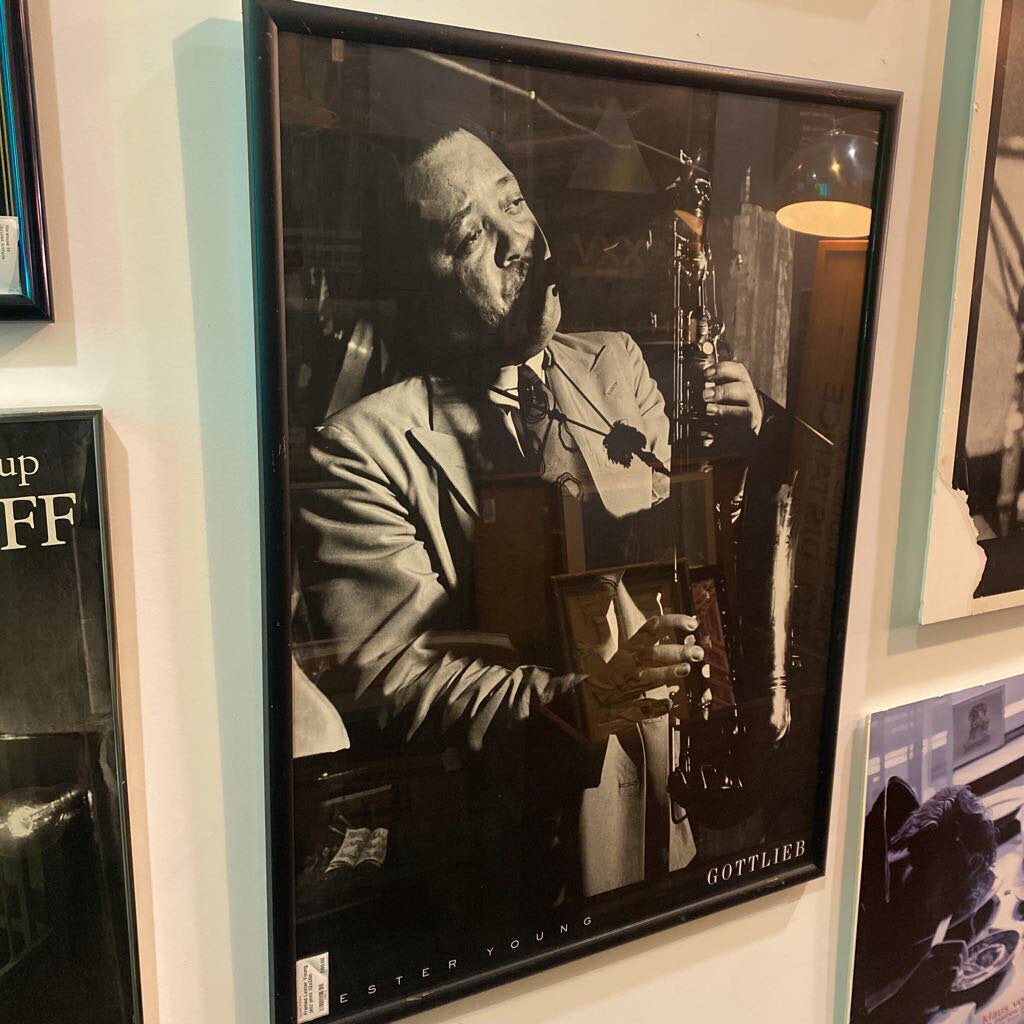 Framed Lester Young jazz print 32x25in