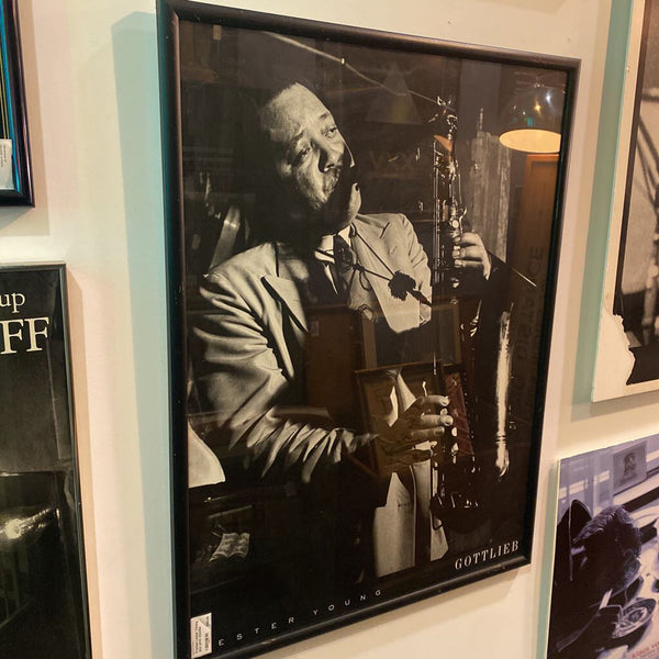 Framed Lester Young jazz print 32x25in