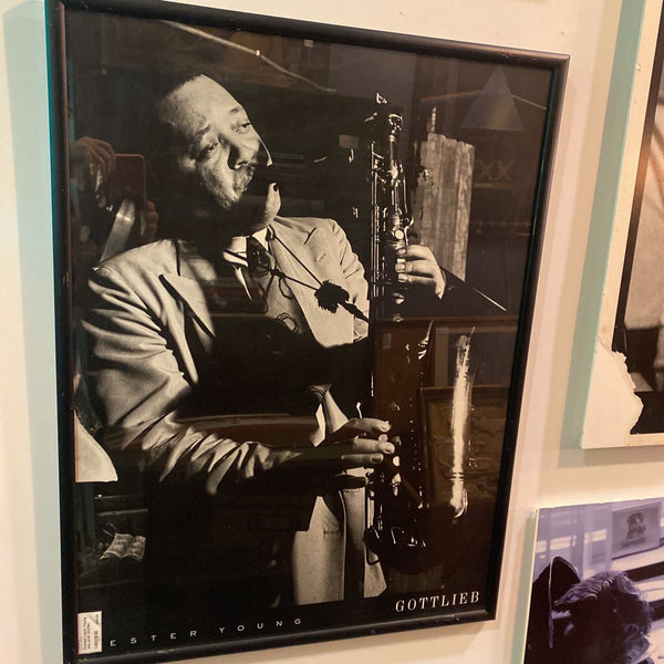 Framed Lester Young jazz print 32x25in