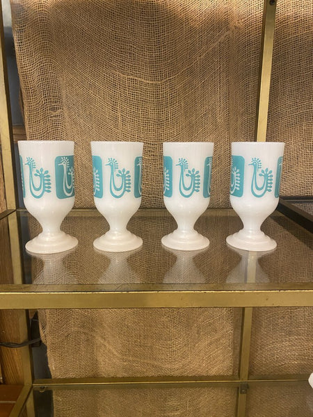 Vintage Federal Milk Glass Coffee Mugs Turquoise Danish Rooster Set Of 4
