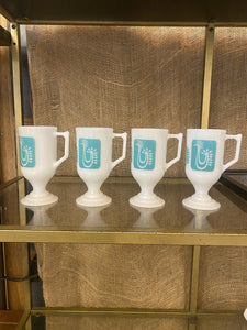 Vintage Federal Milk Glass Coffee Mugs Turquoise Danish Rooster Set Of 4