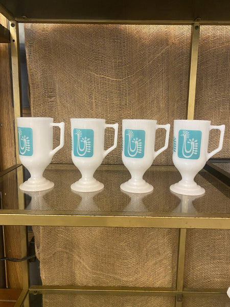 Vintage Federal Milk Glass Coffee Mugs Turquoise Danish Rooster Set Of 4
