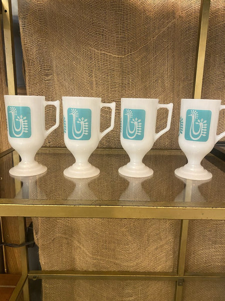 Vintage Federal Milk Glass Coffee Mugs Turquoise Danish Rooster Set Of 4