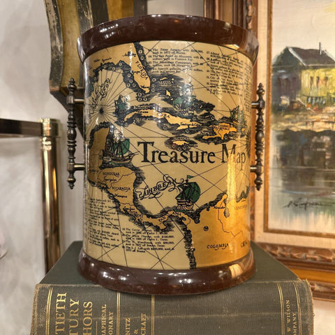 VINTAGE NAUTICAL 'TREASURE MAP"MICE BUCKET WITH SIDE HANDLES. 10 1/2" X 9"