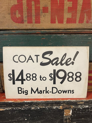 Jens Fresh Vintage ~ Vintage cardboard coat sale sign ~ $14.88 - $19.88