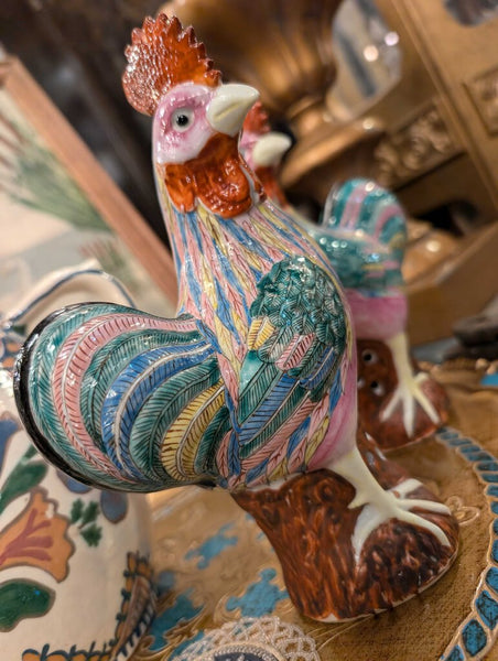 Pair polychrome roosters Chinese figurines