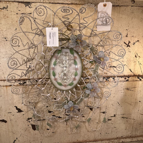 Antique French beaded memorial wall sculpture