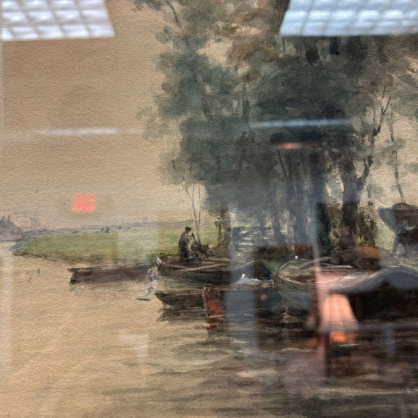 Original Watercolor Landscape by F. Seben "A Holland Canal" 1880's