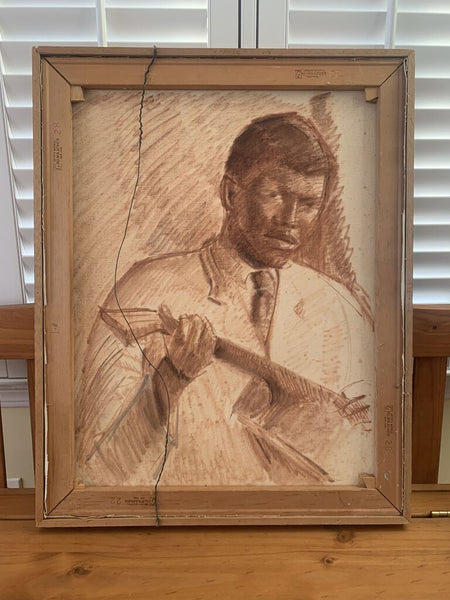 Original signed (double sided) framed artwork of man with guitar