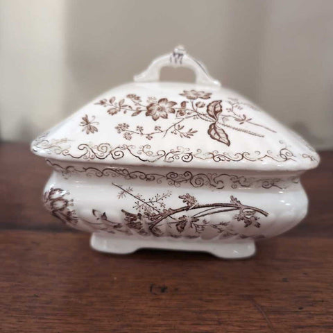 Antique English Brown Transferware Small Dish w/Lid 5"