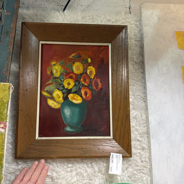 Original framed green vase oil painting