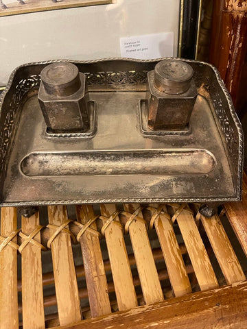 Antique Ornate silver inkwell stand with claw foot as is