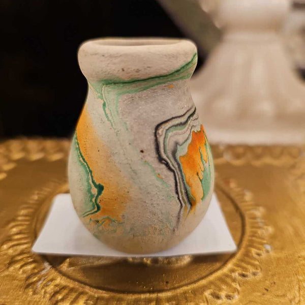 Tiny miniature Nemadji vase 2 inches orange green