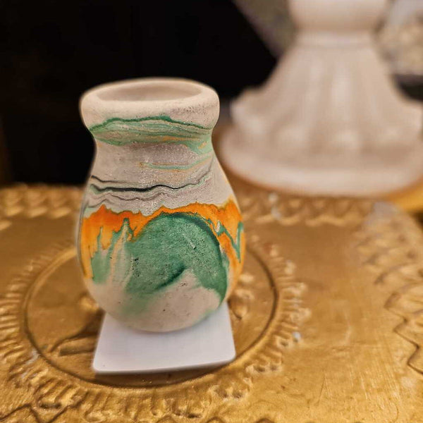 Tiny miniature Nemadji vase 2 inches orange green