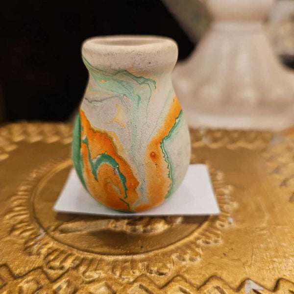 Tiny miniature Nemadji vase 2 inches orange green