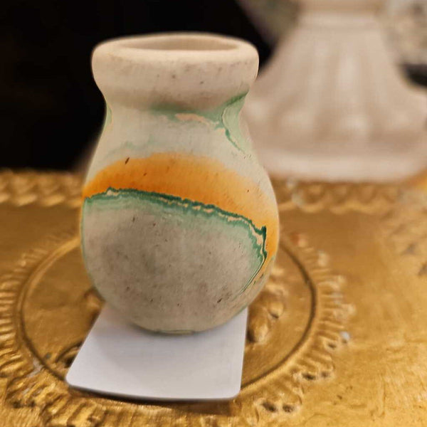Tiny miniature Nemadji vase 2 inches orange green