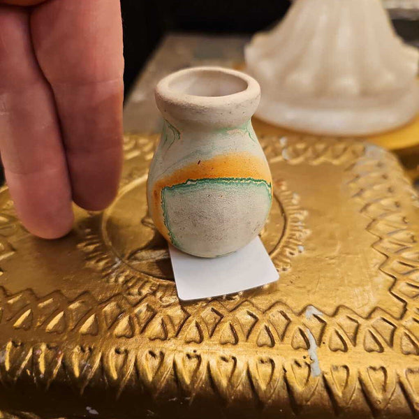 Tiny miniature Nemadji vase 2 inches orange green