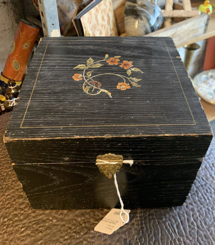 Vintage Black w/Floral Paint Collar Box~ 7.5" w x 7.5" l x 5.5" t