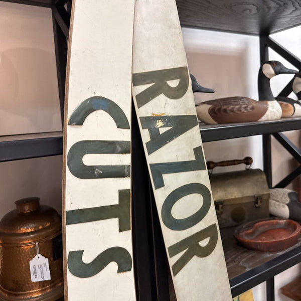 Vintage barber straight razor sign, metal and vinyl