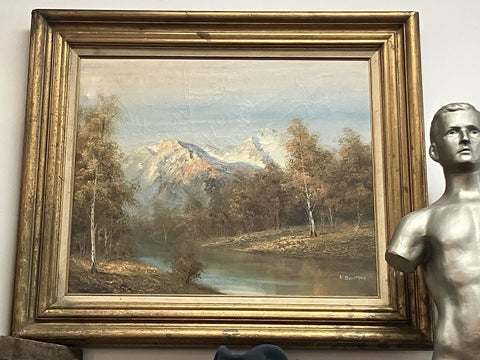 Vintage Scenic oil painting in gilt wood frame K. Bowman