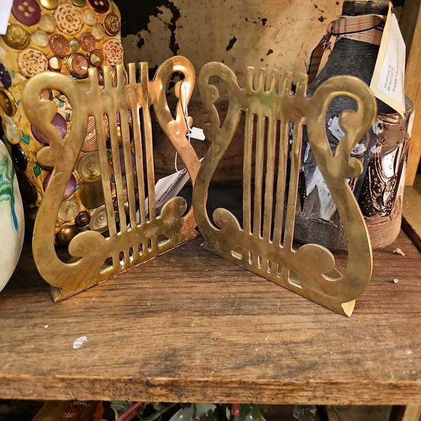 Brass harp bookends book ends pair