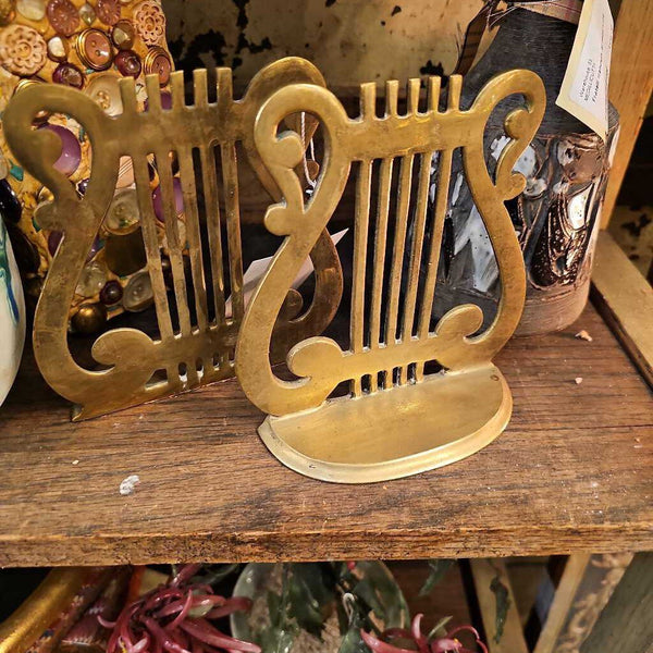 Brass harp bookends book ends pair