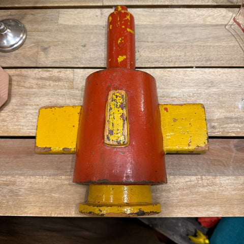 Vintage yellow and red wood foundry mold piece