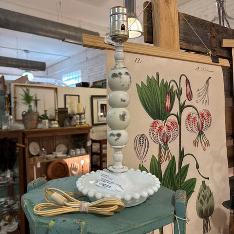 Vintage white Jenny Lind style milk glass lamp with yellow flower shade