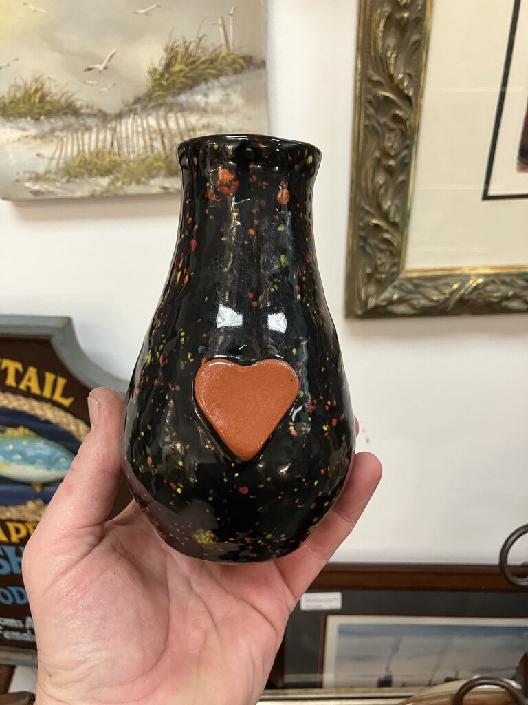 Signed black speckled ceramic flower planter with heart