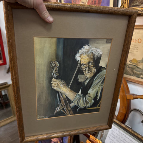 Vintage signed watercolor of old man with violin