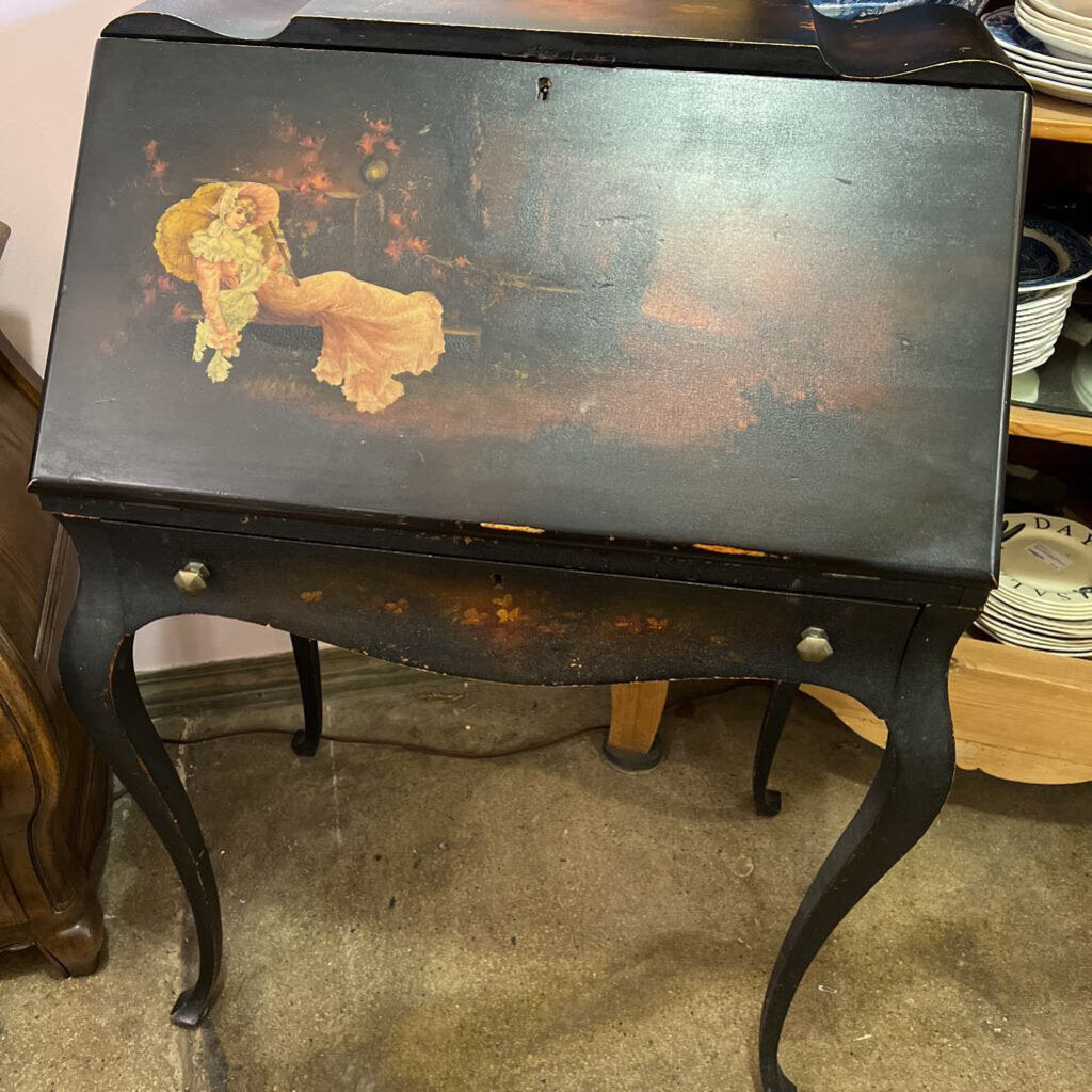 1890s drop front desk with hand painting on front