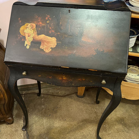 1890s drop front desk with hand painting on front