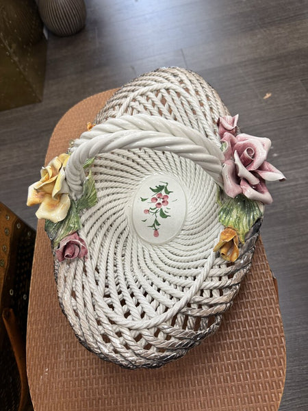 Vintage Capodimonte Italy Porcelain Basket with Pink & Yellow Roses handcrafted
