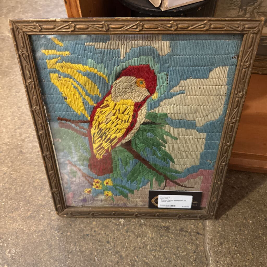 Framed Parrot Needlepoint as found 11x13