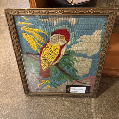 Framed Parrot Needlepoint as found 11x13