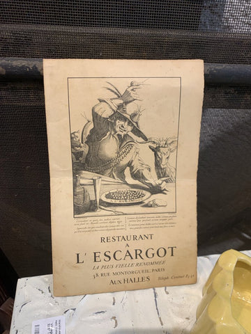 Antique French Restaurant Menu~ 6.5" w x 9.75" l