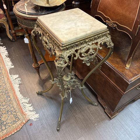 Antique ornate brass table with marble top (top comes off)
