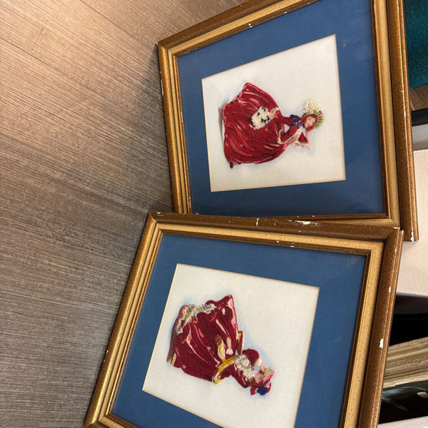Vintage pair of embroidered women in red dresses
